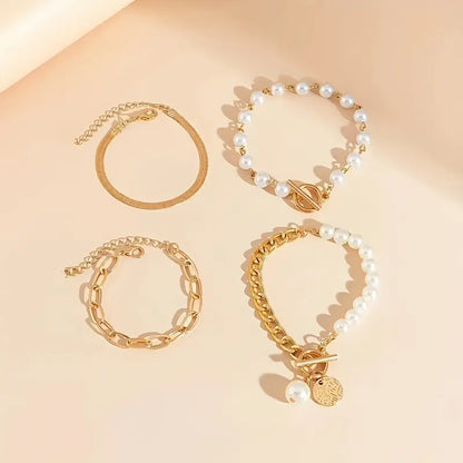 Zestaw bransoletek Chic Gold 4 szt. - Wąż, Perły i Ogniwa | Złoty