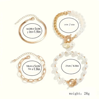 Zestaw bransoletek Chic Gold 4 szt. - Wąż, Perły i Ogniwa | Złoty