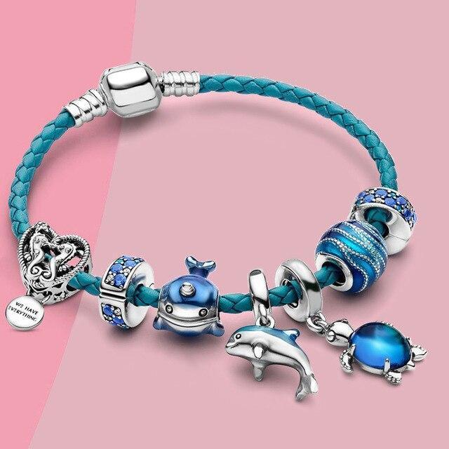 Bransoletka w stylu oceanicznym + zawieszki ze skóry i srebra
